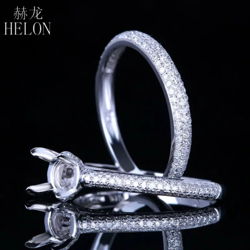

HELON Round 6-7mm Semi Mount Setting Engagement Wedding Natural Diamonds Ring Sets Real 14k White God Pave Diamonds Match Band