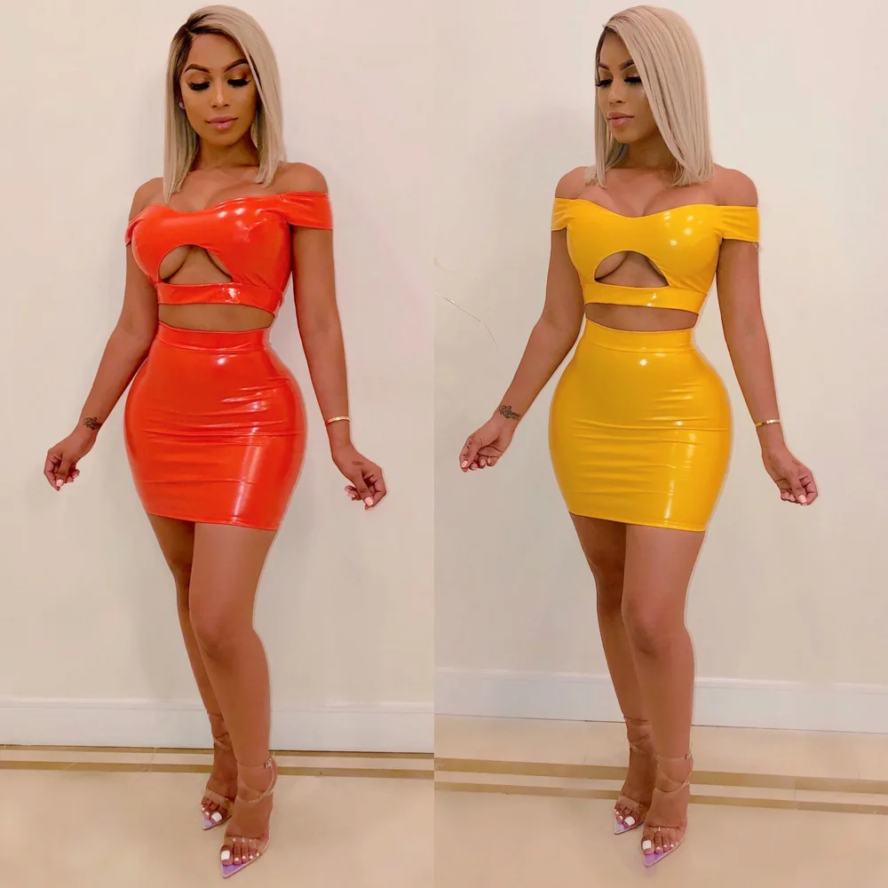 Mirror cloth sexy skirt set ol bag hip straight off the shoulder hollow umbilical jacket zipper K8775 | Женская одежда