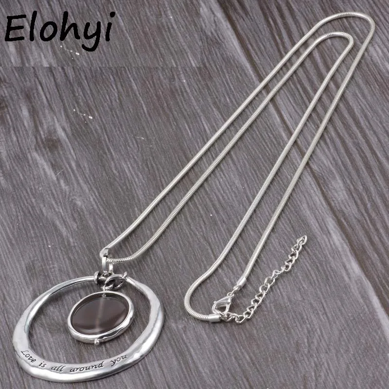 

ELOYHI Big Round "love is all around you' Letter carvi Sweater Chain Top Quality Plated For Women Trendy Neckalce&Pendants
