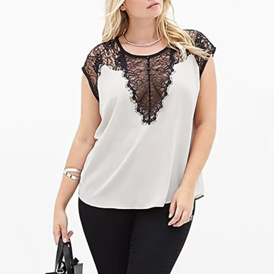 

Plus Size 5XL Women Summer Short Sleeve Lace Patchwork T-Shirt Loose Casual Tops Printed Shirt Plus Size Women Clothing