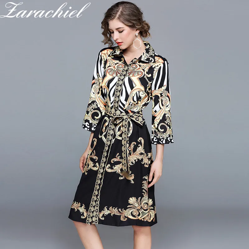 

2019 New Spring Button Down Long Shirt Dress Plus Size Women Vintage Print Party Loose Dress Female Casual Sashes Midi Vestidos