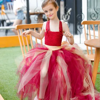

Long Train Tail Girls Lace Tulle Evening Gown Tutu Dress Kids Elegant Party Christmas Performance Birthday Dresses Robe Fille