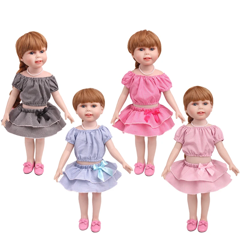 

18 inch Girls doll clothes 4 colors plaid suit top + cake skirt American new born dress Baby toys fit 43 cm baby c773
