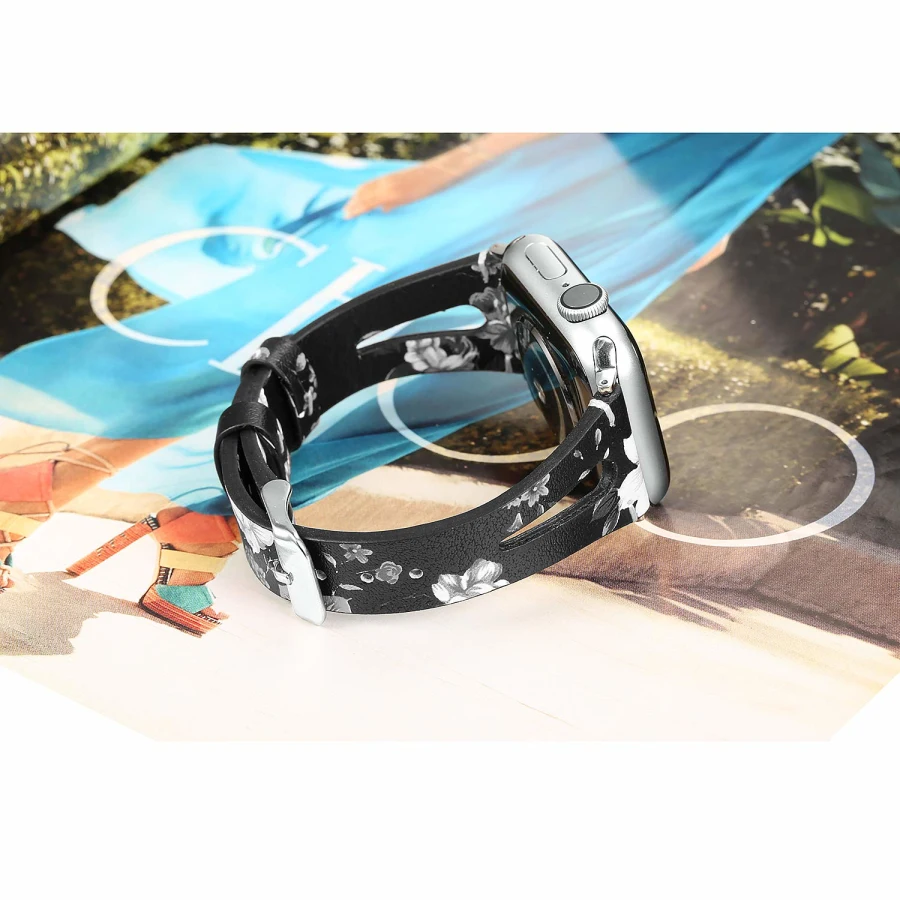 Кожаный ремешок для наручных часов для Apple Watch 42 мм/44 мм 38 мм/40 мм, версия 1/2/3/4 с цветочным принтом наручные браслет для наручных часов iWatch, ремешок Пояс