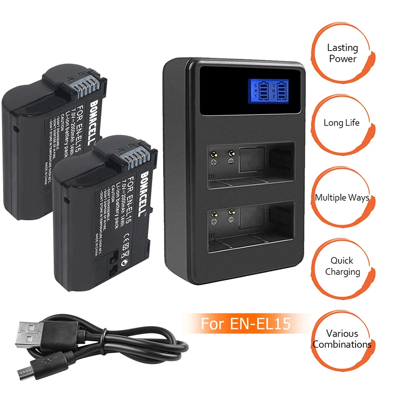 

Bonadget Promotion 2000mAh EN-EL15 EN EL15 Battery With Charger for Nikon D7100 D7200 D600 D610 D800 MH-25 MB-D15