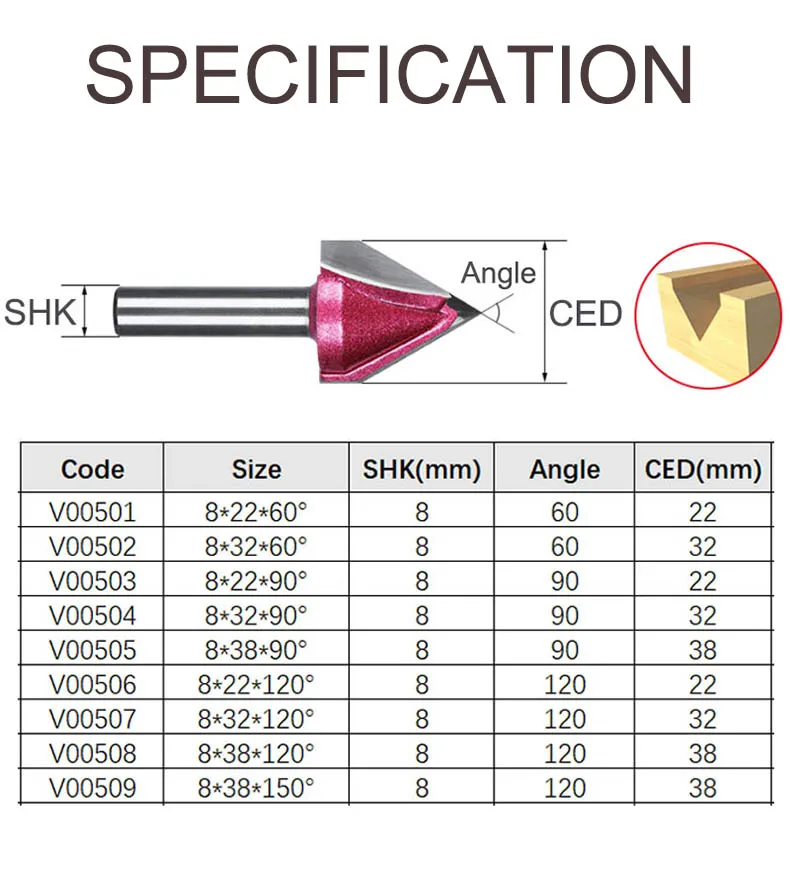 Tideway 8 мм хвостовик V бит ЧПУ фрезы для дерева Вольфрам Деревообработка Карбид фрезы инструменты 60 90 120 град