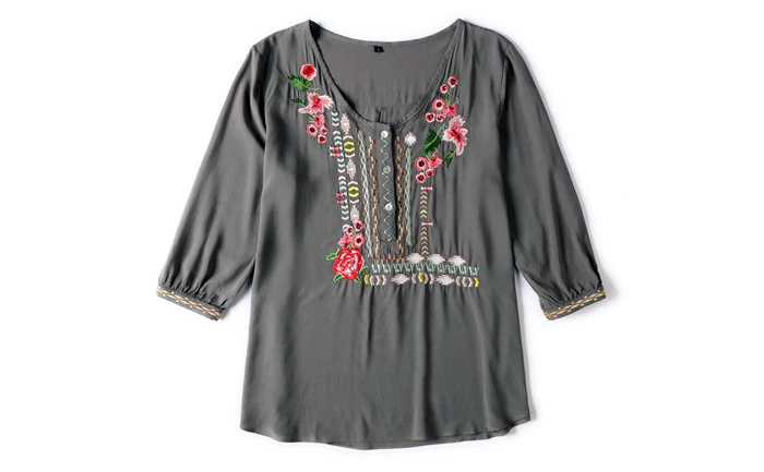 Новинка осени, модная женская блузка с цветочным принтом, повседневные топы на пуговицах с рукавом 3/4 и v-образным вырезом, рубашка с вышивкой