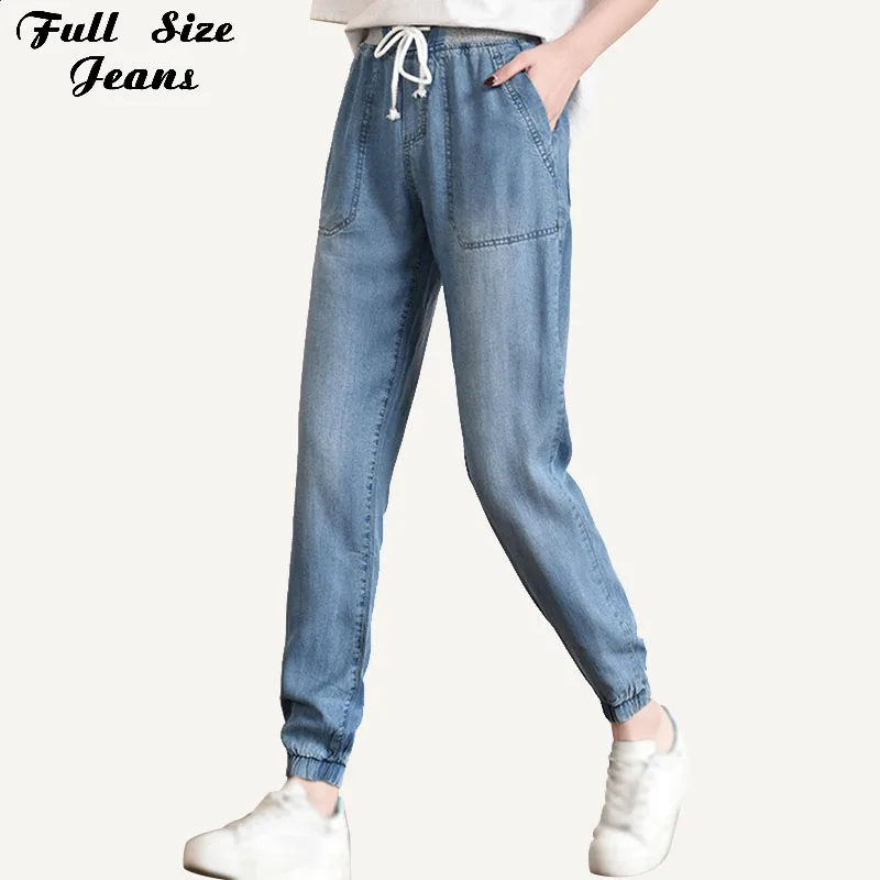 

Women Trousers Summer Plus Size Elastic Waist Tecel Denim Capris Harem Pant 6XL Thin Light Blue Jeans Loose Bloomers Palazzo