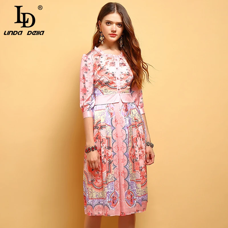 

LD LINDA DELLA New Summer Fashion Dress Women's Lantern Sleeve Floral Print High Waist Elegant Vintage Ladies Pleated Midi Dress