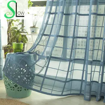 

Slow Soul Sky Blue High end Curtains Plaid Tulle For Living Room Kitchen Bedroom Children Sheer Blinds Curtain Fabric Finished