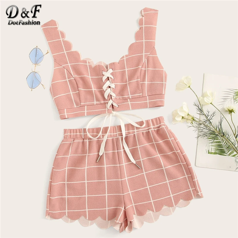 

Dotfashion Pink Scalloped Lace Up Knot Grid Top And Shorts Pj Set 2019 Summer Pajamas For Women Casual Sleeveless Sleepwear