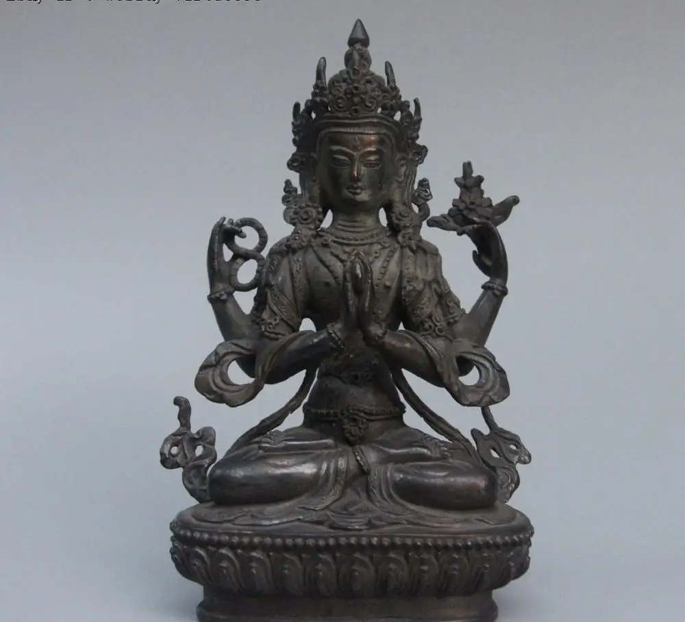 

Tibet Buddhism Bronze Copper Four Arm Kwan-yin Bodhisattva GuanYin Buddha Statue