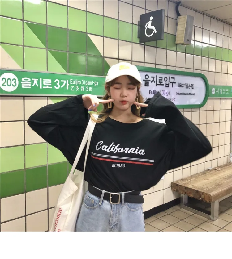 Женская футболка в Корейском стиле Ulzzang Harajuku, Повседневная футболка с буквенным принтом и длинным рукавом для женщин, свободная желтая футболка с круглым вырезом, топы