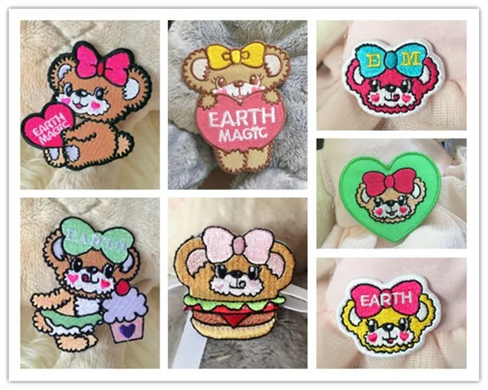

lovely Japan cartoon earth magic fabric em Bear patch applique child sweater Doll denim embroidery adhesive decoration stickers