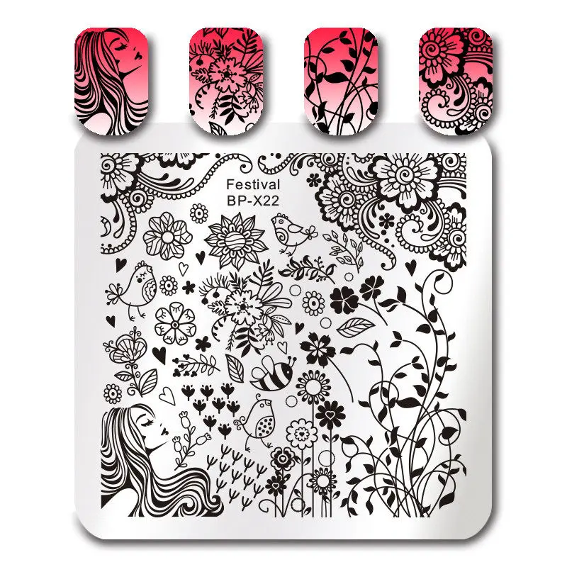 BORN PRETTY квадратный дизайн ногтей штамп шаблон цветок лоза листья розы Цветочный Рисунок печатная пластина для маникюра трафарет 6 см - Цвет: BP-X22