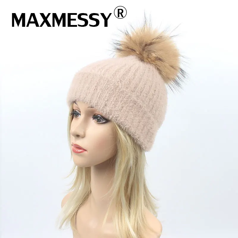 MAXMESSY имитация бархата вязать шляпу женщина мех енота мяч теплые шапки осень-зима открытый теплую шапку вязаные наушники шляпа N257