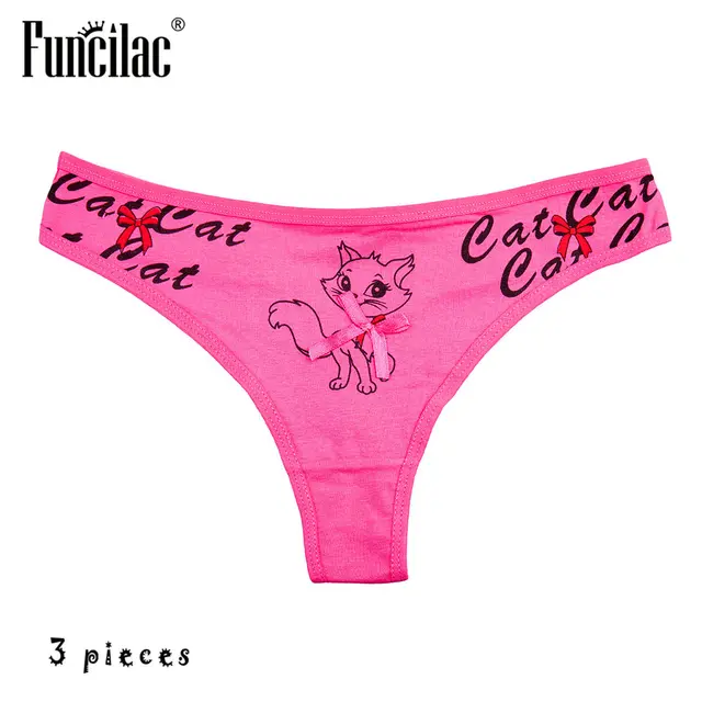 FUNCILAC Underwear Women Cartoon Kitty Thongs Cotton Sexy G Strings