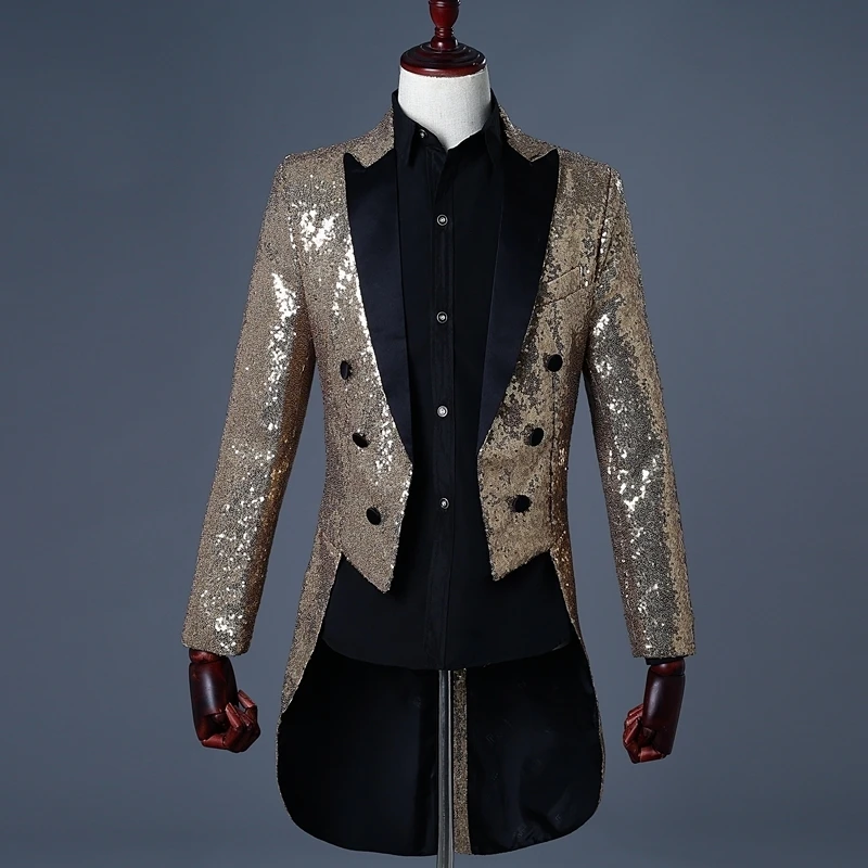 

Hot 5 Colors 2018 Men Gold Silver Red Blue Black Sequin Slim Fit Tailcoat Stage Singer Costume Wedding Groom Suit Jacket