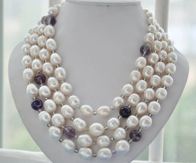 

z6011 4strands 15mm white rice freshwater pearl crystal tower necklace 21inch