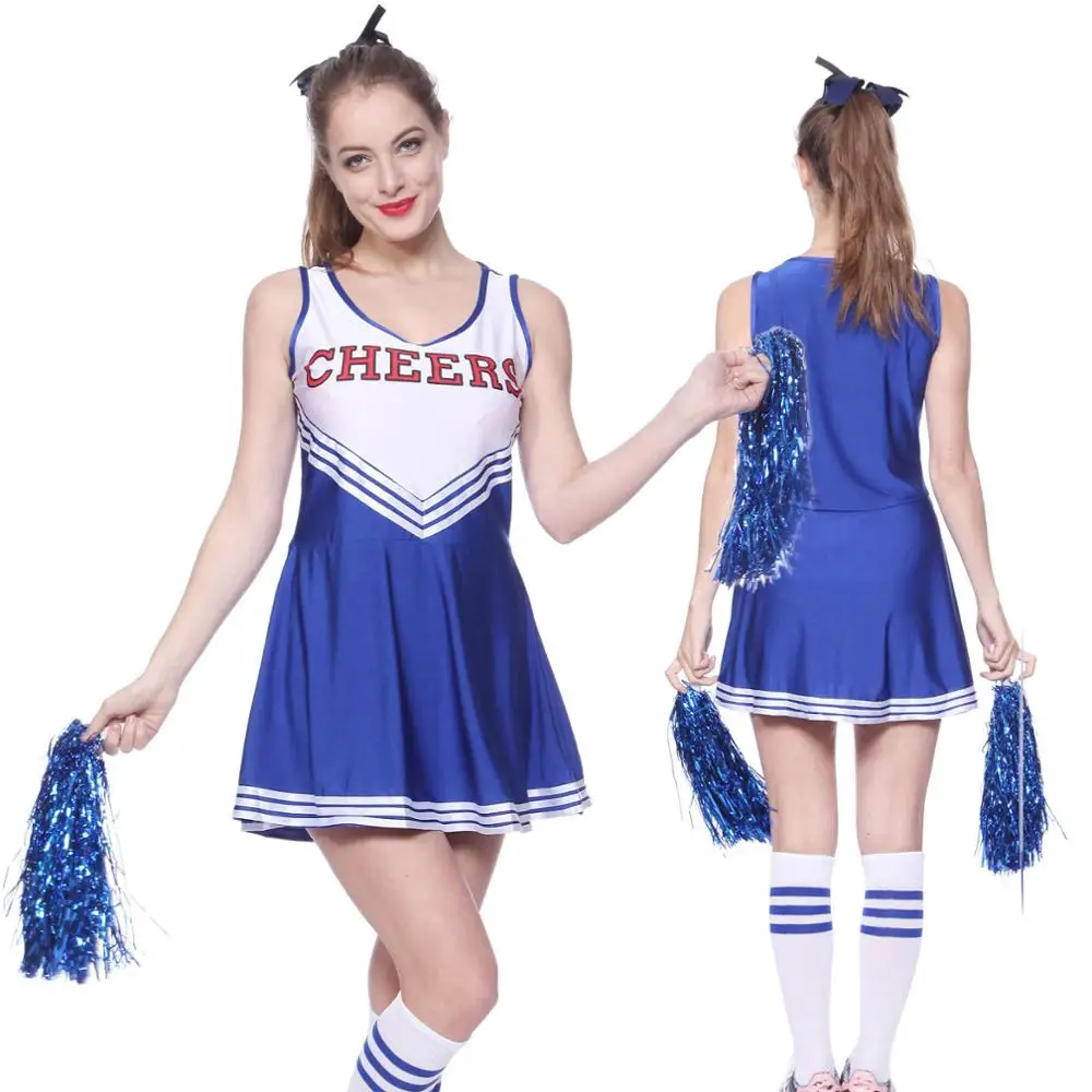 Для женщин обувь для девочек Болельщицы Костюм Униформа Чирлидера школа музыкальный Хэллоуин нарядное платье спортивная форма с помпонами - Цвет: Blue