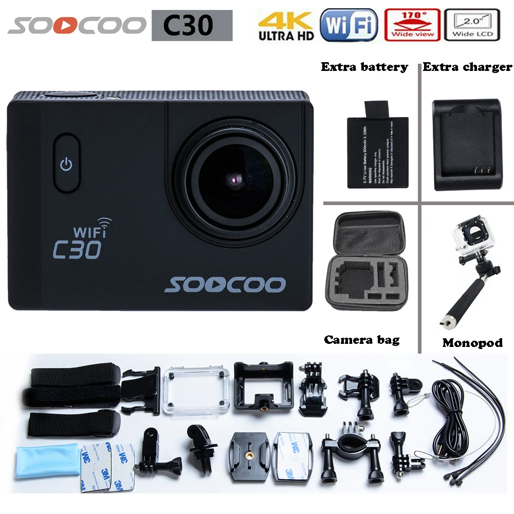 SOOCOO C30 Action Camera Ultra HD 4K 170 Angle Adjustable Waterproof Outdoor Wifi Action Cam contain Value meal Free Shipping