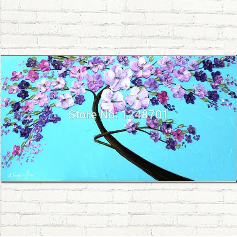 

Handpainted moder large size blue and puprl white palette knife flower oil painting on canvas 60X120CM for wall decoration