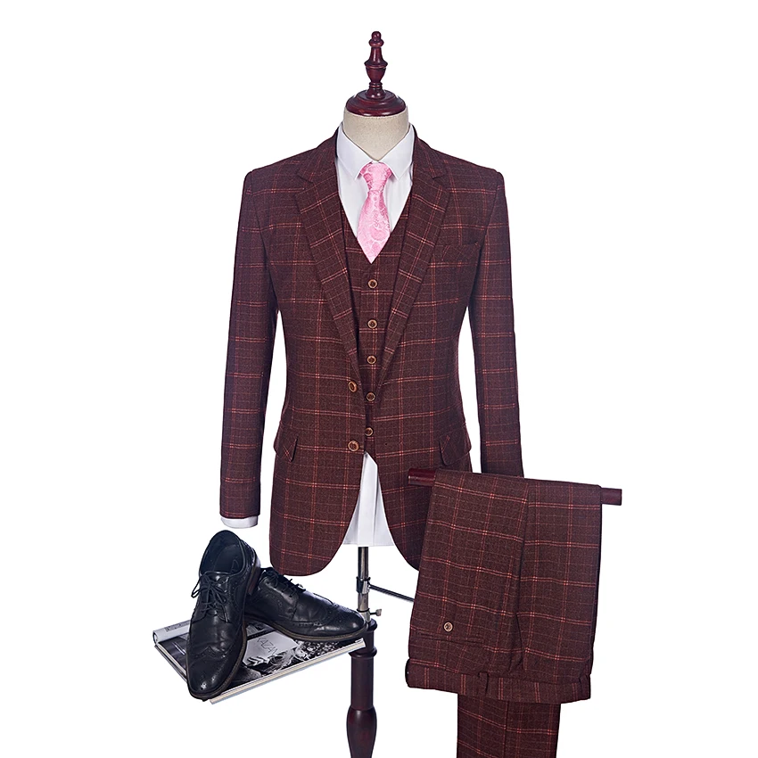 Latest Coat Pant Designs Groom Tuxedo Tweed Made Grey Wool Men Suit Slim Fit Suits For Men Blazer (Jacket+Pant+Vest)
