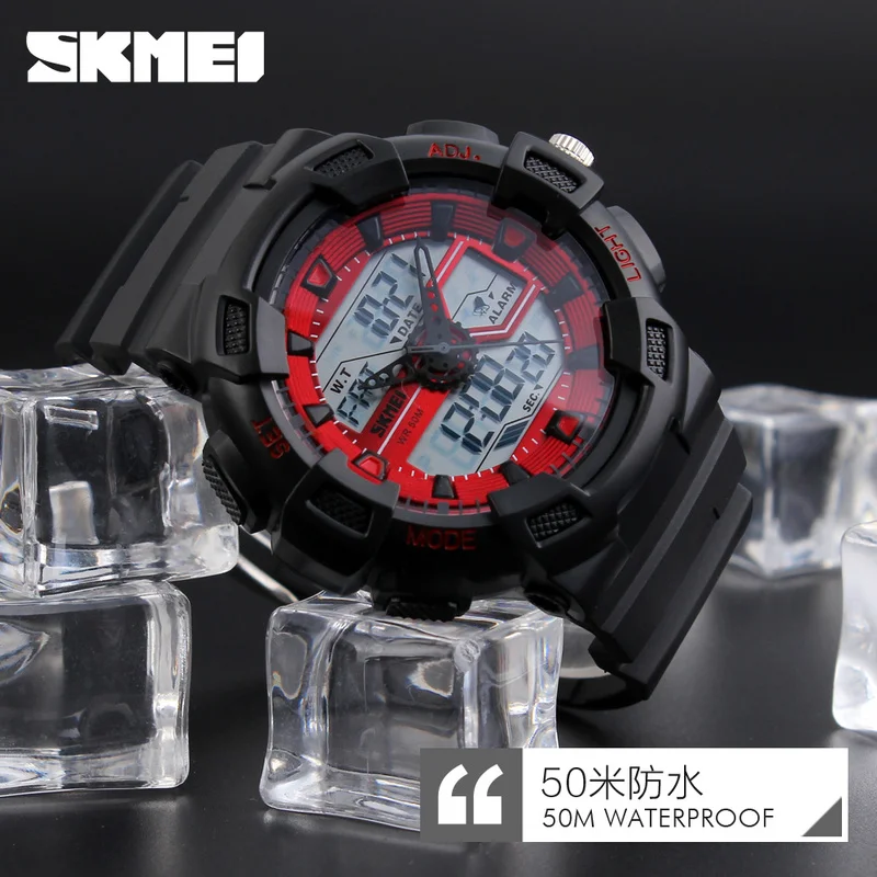  SKMEI Men Dual Display Quartz Wistwatches Big Dial Multifunction Waterproof Military Sport Watches 