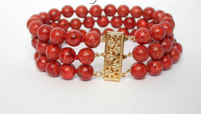 

genuine 100% 8" natural 3row red sponge coral Bracelet e SHIPPING 5.26