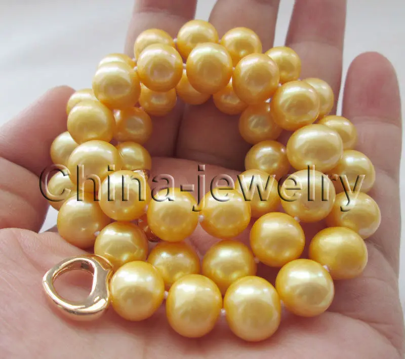 

Free shipping hot sale Women Bridal Wedding Jewelry >>17.5 " 11mm golden round freshwater pearl necklace