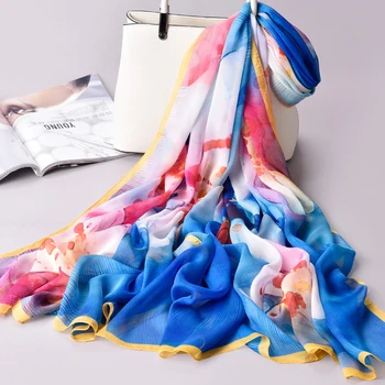 

100% Real Silk Scarf Shawls Wraps For Women Print Natural Hangzhou Chiffon Silk Scarves Neckerchief Foulard Femme 195*106cm