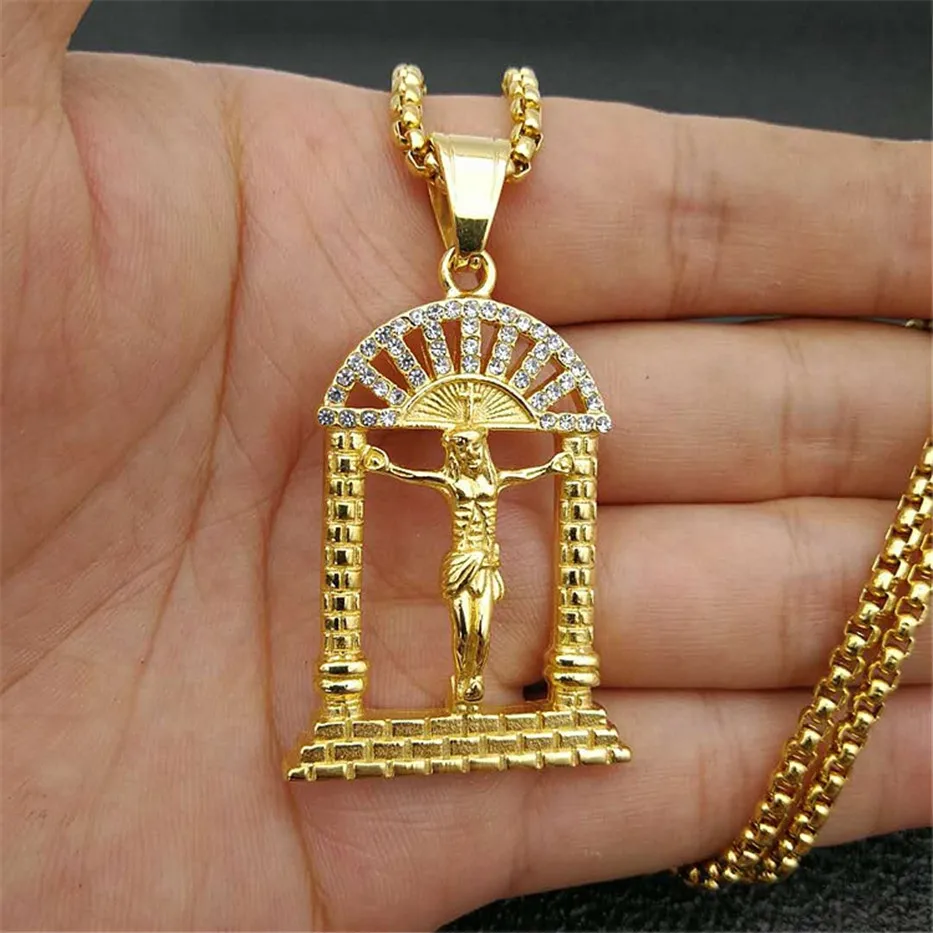 

Hip Hop Iced Out Bling Crucifix Pendant Necklace For Men Stainless Steel Gold Color Jesus Piece Necklaces Male Catholic Jewelry