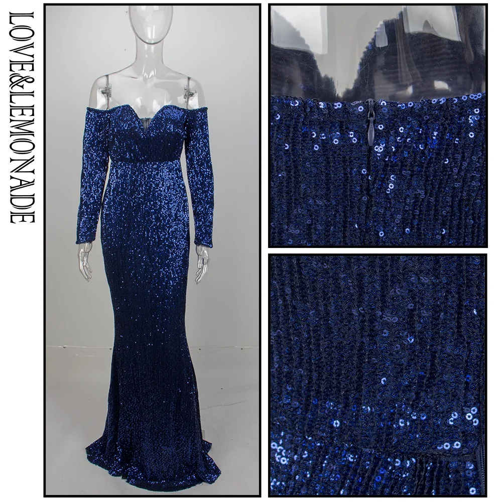Любовь и лимонад. Темно-синее длинное платье с глубоким v-образным вырезом и длинными рукавами, эластичный материал с пайетками LM1069
