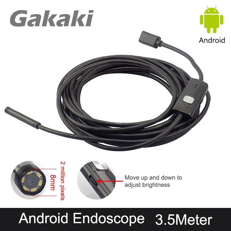 Gakaki 3.5M 8mm Lens For Android OTG Endoscope Borescope Camera Android Phone Snake Tube USB Waterproof Pipe Inspection 6LED Cam