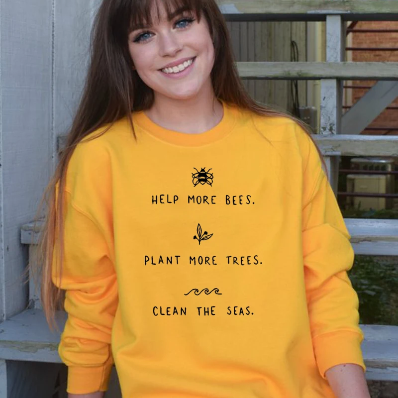 Помочь более пчелы завод больше деревьев чистке морей Винтаж толстовка женская одежда Повседневное Пуловеры с длинным рукавом Прямая поставка