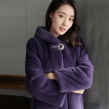 

Denmark Mink Whole Fur Women Long Coat Winter Thick Slim Warm Female Mink Fur Hood Jacket