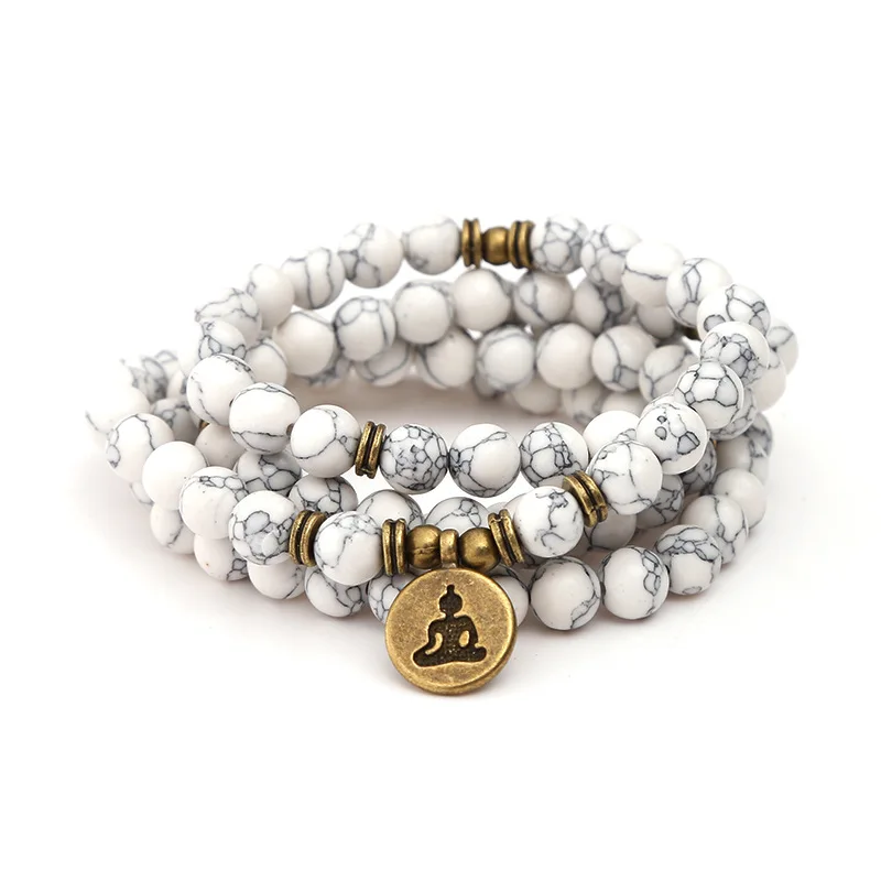 

108 mala beads with Lotus OM Buddha Charm bracelet for women Howlite Natural stone jewelry yoga bracelet dropshipping