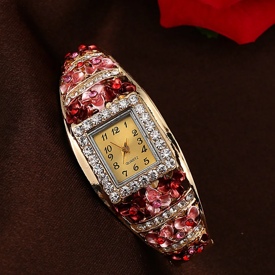 

Gorgeous Girl Ladies Colorful New Bangle Watches Crystal Flower Bracelet Wrist Watch Women Fashion Quartz Alloy Wristwatches J