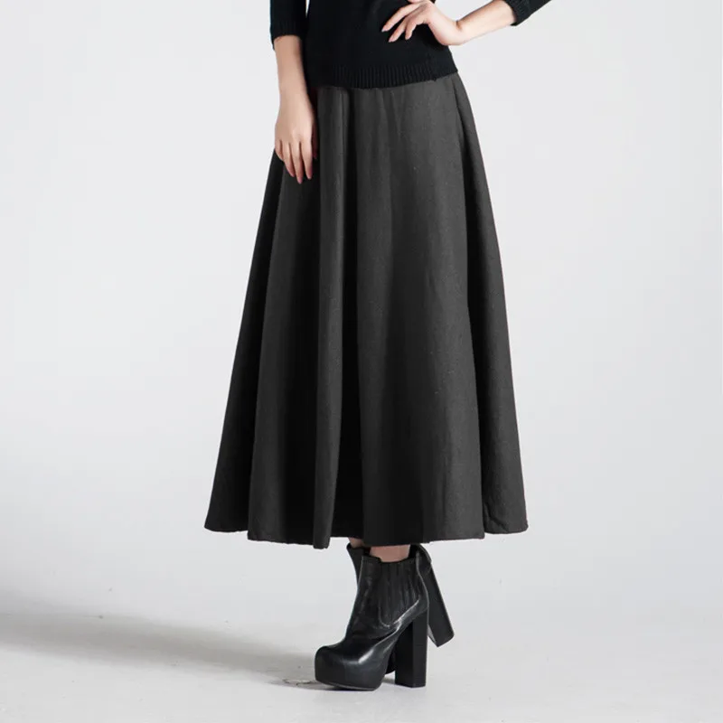 Faldas Waist Womens Gray Winter Elegant C3566 dark Pleated Woolen Green black Dark Autumn Women Red wine Long Maxi Retro High Skirt Wool Jupe a8tUnCxwq