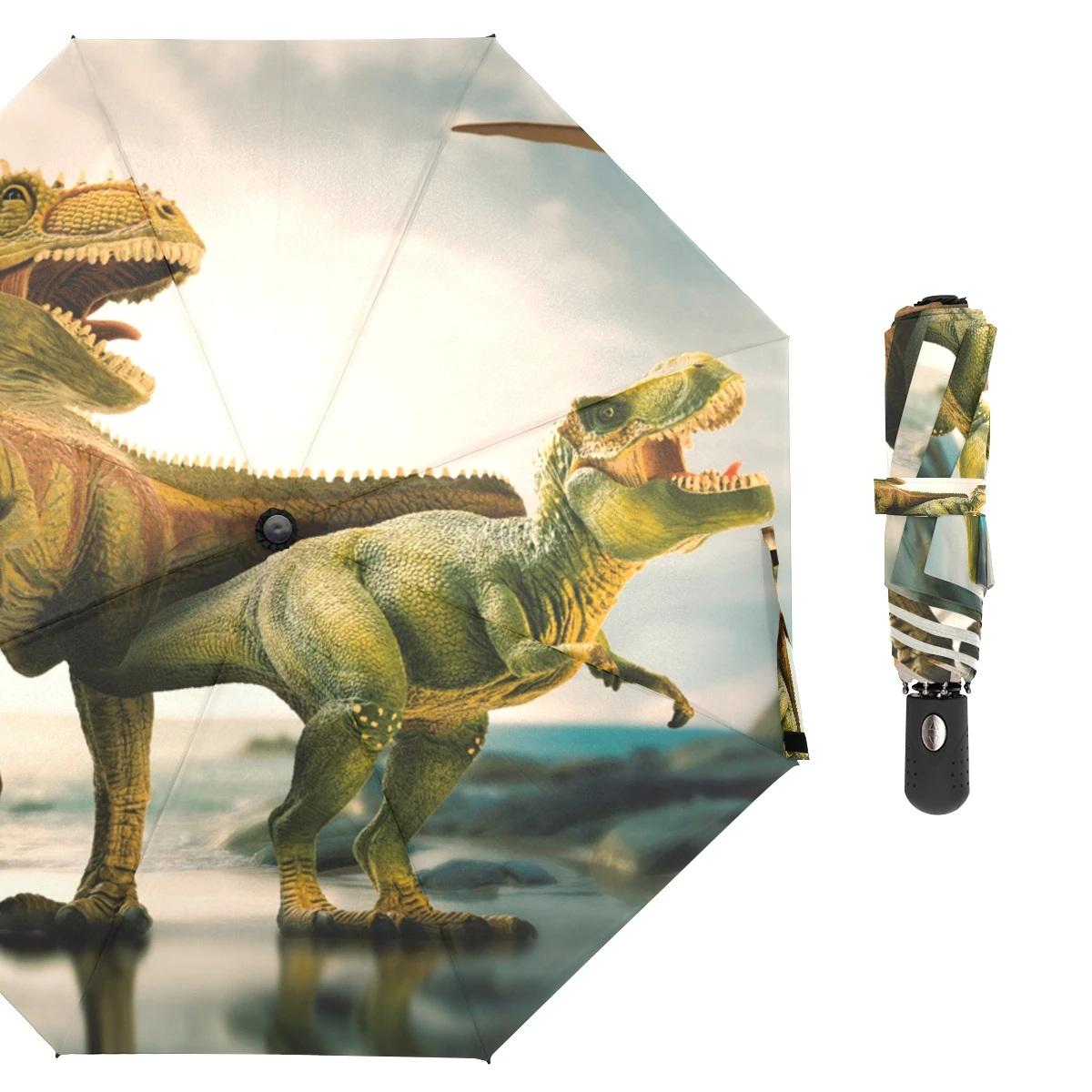 3D Printed Dinosaur Umbrella Wind Resistant Three Folding Automatic Rain Women Outdoor Sun Protection Male | Дом и сад