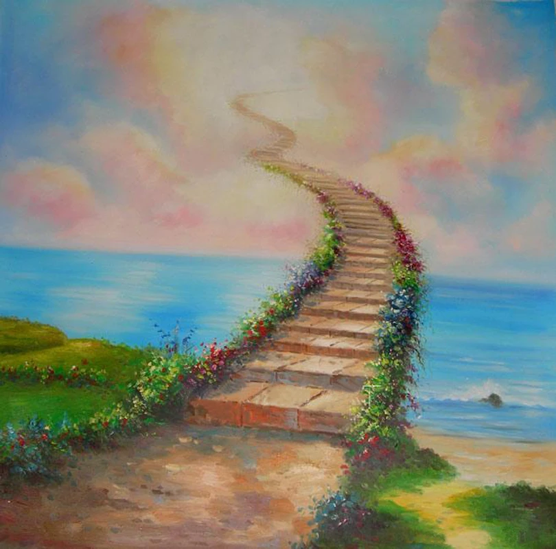 

100%Hand-painted Modern Abstract High Quality Seascape Landscape Oil Painting on Canvas New Style the High Ladder Acorss the Sky