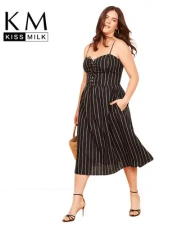 

Kissmilk Plus Size Striped Criss Cross Spaghetti Strap Mid Calf Dress Casual New Fashion Off Shoulder High Waist A Line Dress