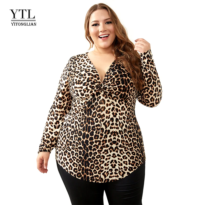 Skup YTL kobiet duży rozmiar wiosna jesień szary Leopard głębokie V Neck z długim rękawem Slim tunika duży rozmiar bluzki kobiety 5XL 6XL 7XL H088