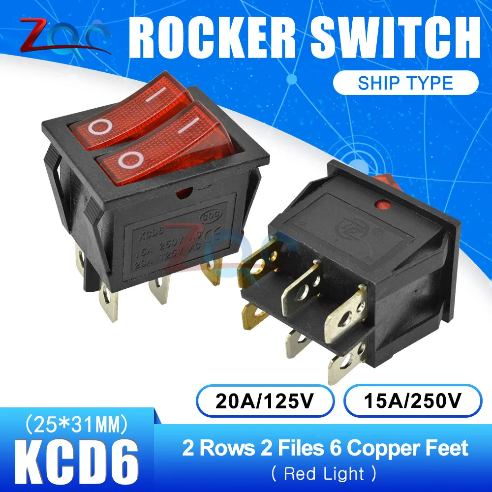 Double Red Light Illuminated 6 Pin SPST ON/OFF Snap IN Boat Rocker Switch KCD6