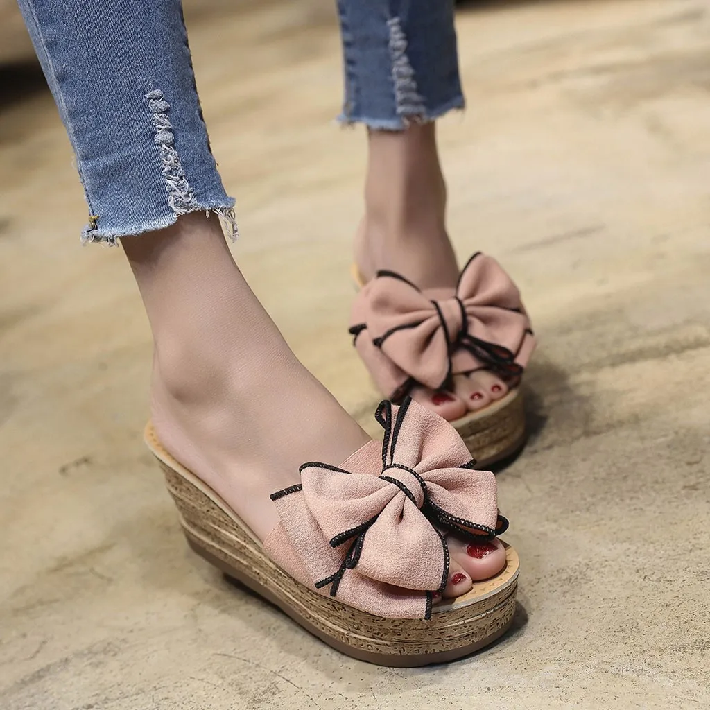 

Women Fashion Solid Color Bow Wedges Sandals Slipper Open Toe platform sandals Kitten Women Heels Shoes Femme Sandalia Feminina