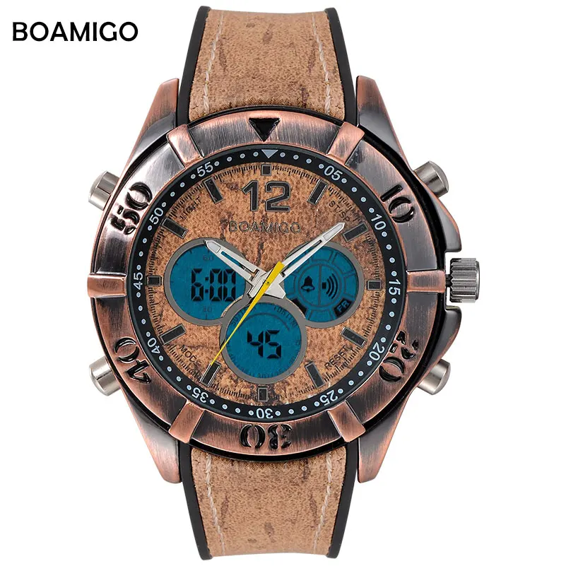 

BOAMIGO Brand Retro Men Sports Watches Multifunction Analog Digital LED Quartz Watch Wood Design Vintage Punk Wristwatch Relogio