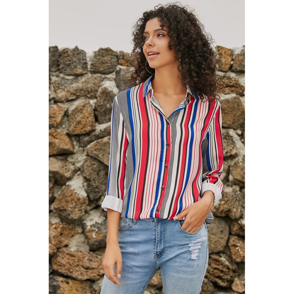 

Ladies' new unique stripe design lapel single-breasted long-sleeved European and American large size shirt