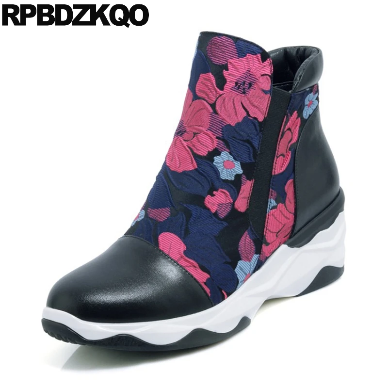 

Casual Slip On High Heel Flower Printed Designer Muffin Real Leather Wedge Shoes Women Ankle Boots 2016 Round Toe Fall Floral