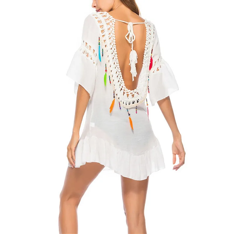 

2019 Hot Women Crochet Beach Cover Up Backless Summer Beach Dress Cotton Ruffle Ball Swimwear Cover Up Solid Robe