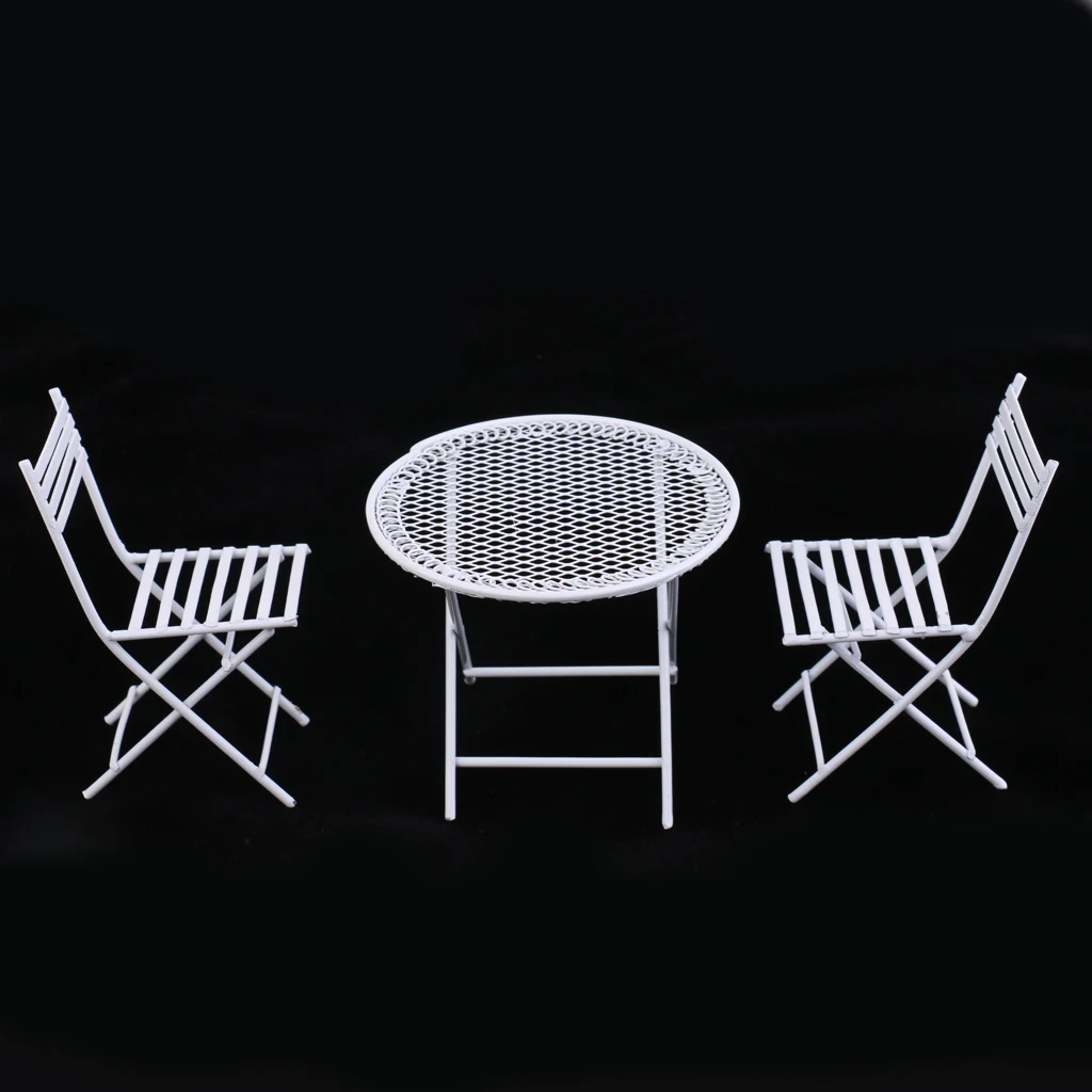 3pcs 1/12 Dolls House White Table Chairs Furniture Balcony Lounge Decoration